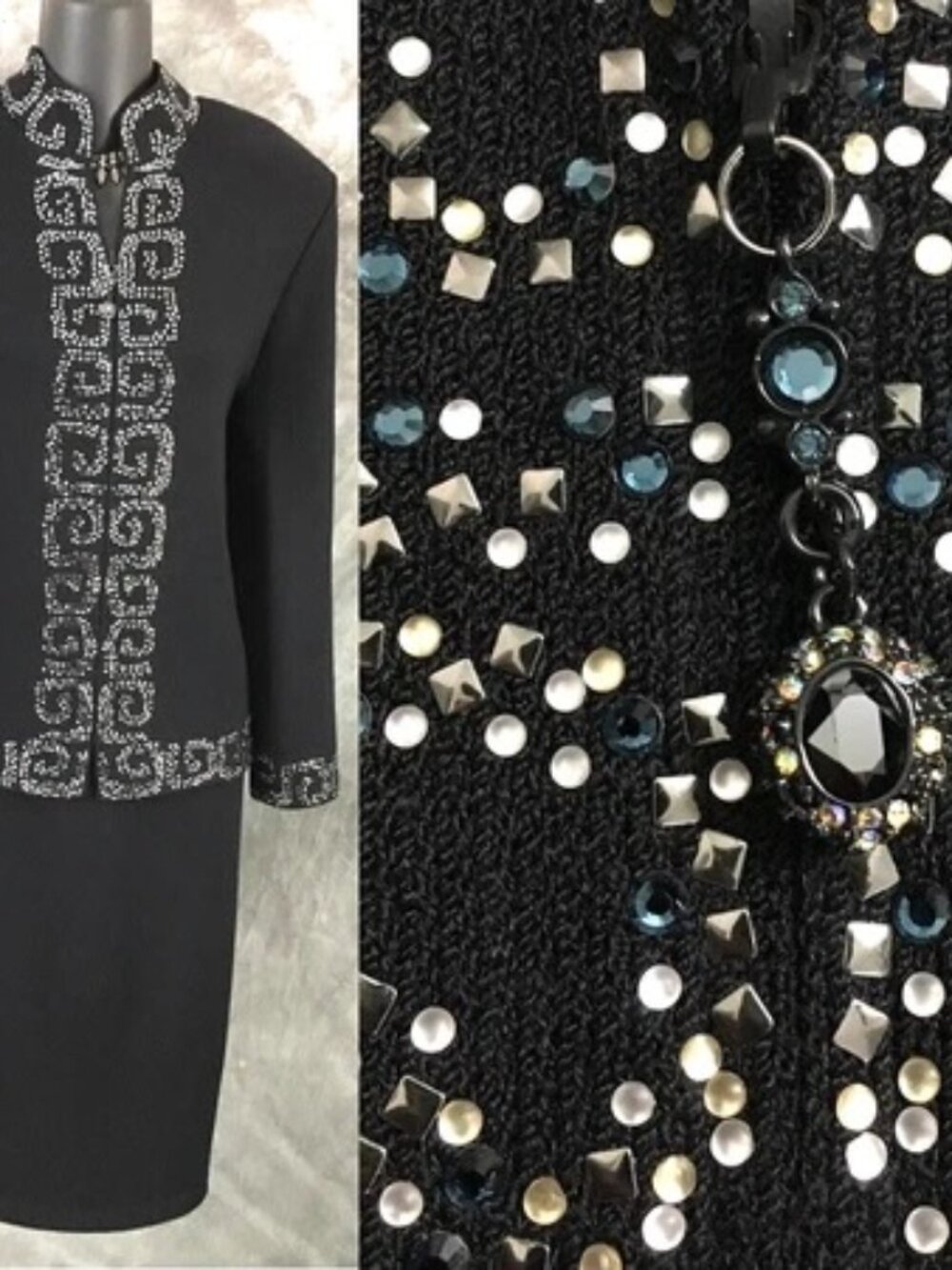 BEAUTIFUL St John evening knit black blue rhinestone embellished skirt suit 10